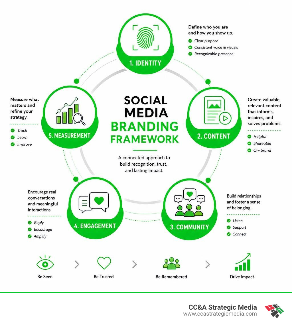 Social media branding framework: identity, content, community, engagement, measurement infographic Social media branding framework: identity, content, community, engagement, measurement infographic