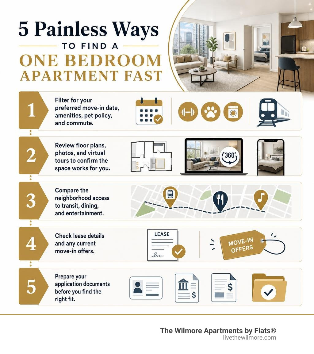 Infographic showing five steps to find a one bedroom apartment quickly infographic Infographic showing five steps to find a one bedroom apartment quickly infographic