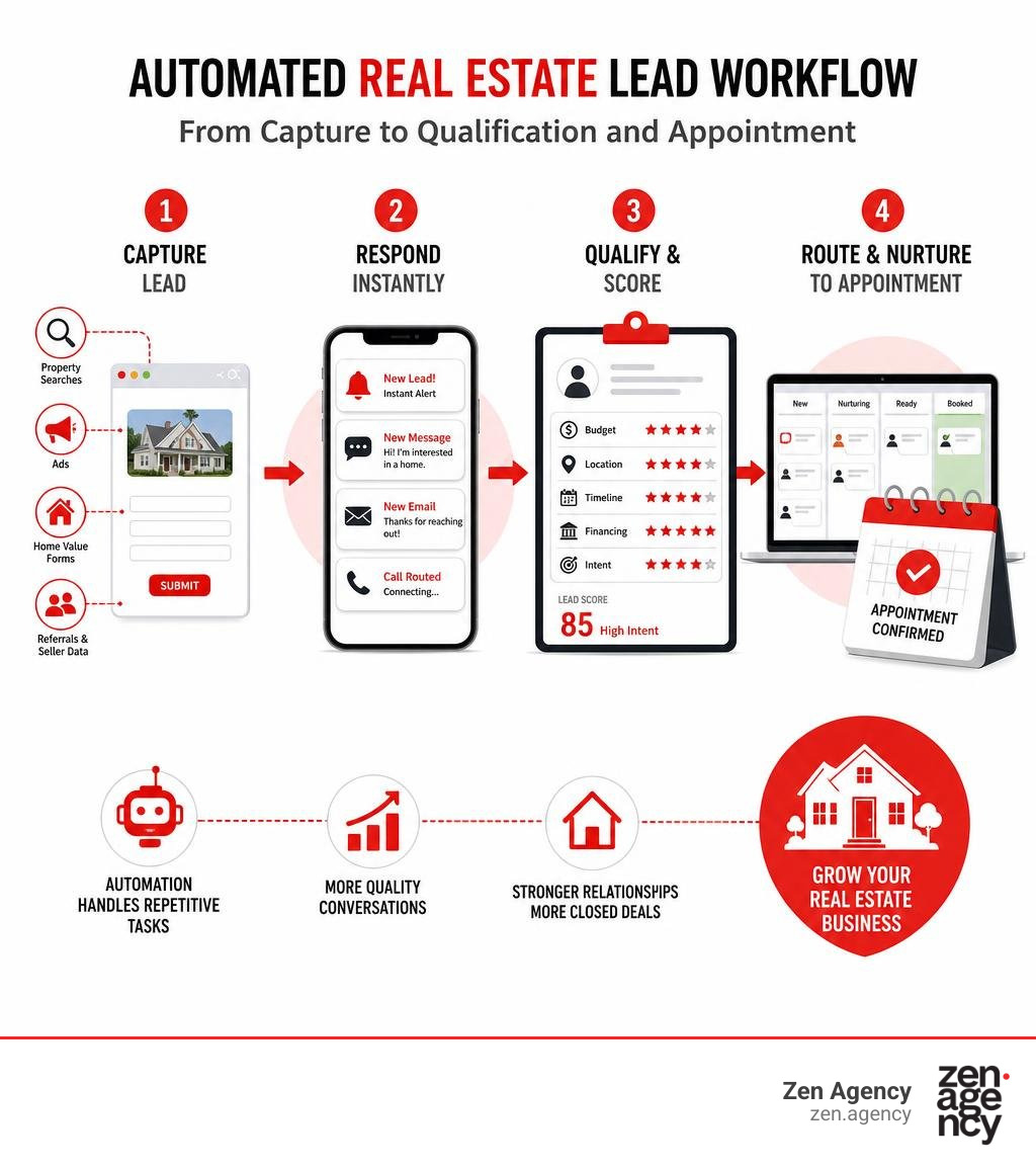 Automated real estate lead workflow from capture to qualification and appointment infographic Automated real estate lead workflow from capture to qualification and appointment infographic