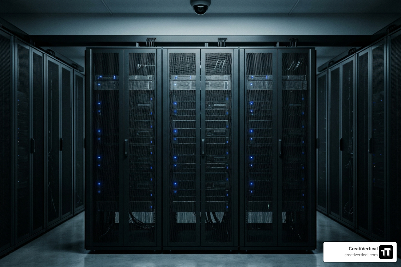 flat head on photograph of orderly cloud server rack and security hardware flat head on photograph of orderly cloud server rack and security hardware