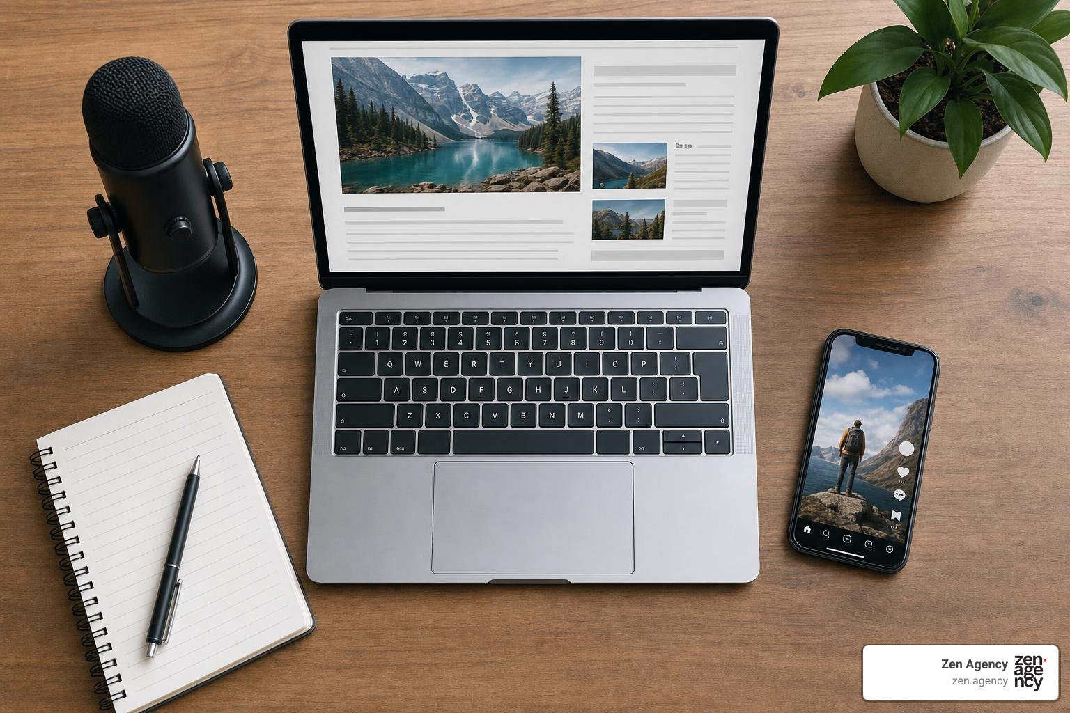 Digital content creation assets including written blog articles, social media clips, and podcast microphones Digital content creation assets including written blog articles, social media clips, and podcast microphones