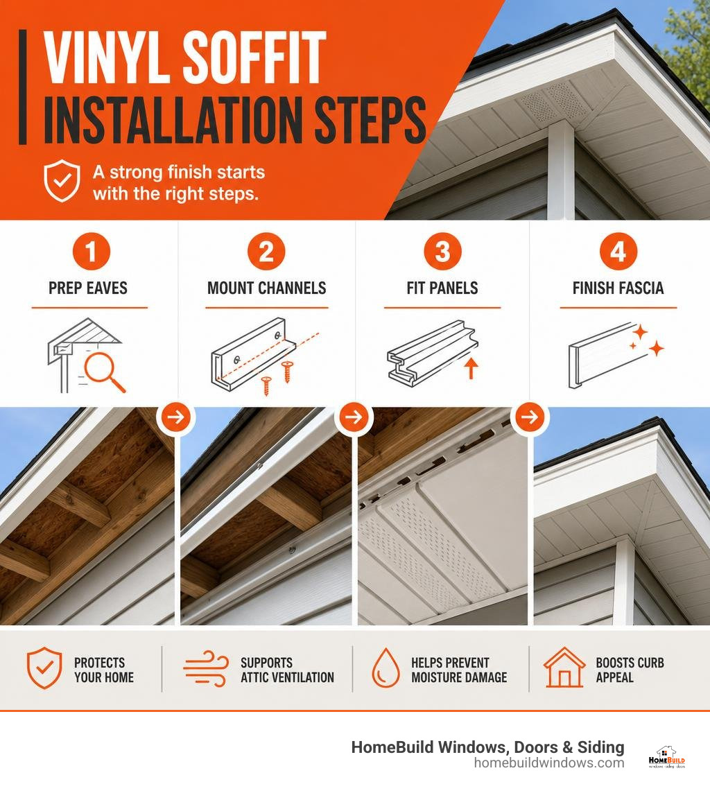 Vinyl soffit installation steps: prep eaves, mount channels, fit panels, finish fascia infographic