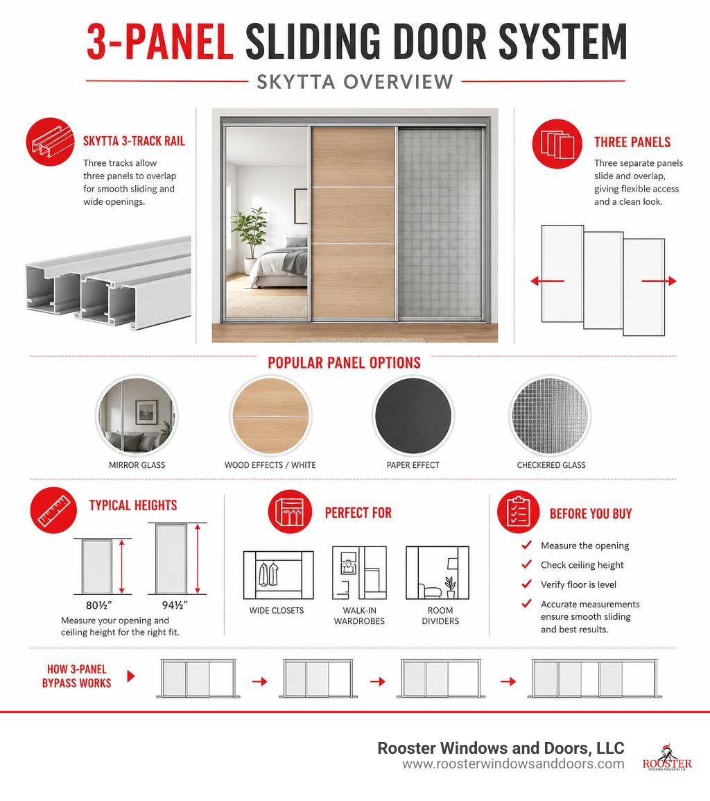 IKEA 3-panel sliding door system overview: SKYTTA rails, panels, sizes, and uses infographic