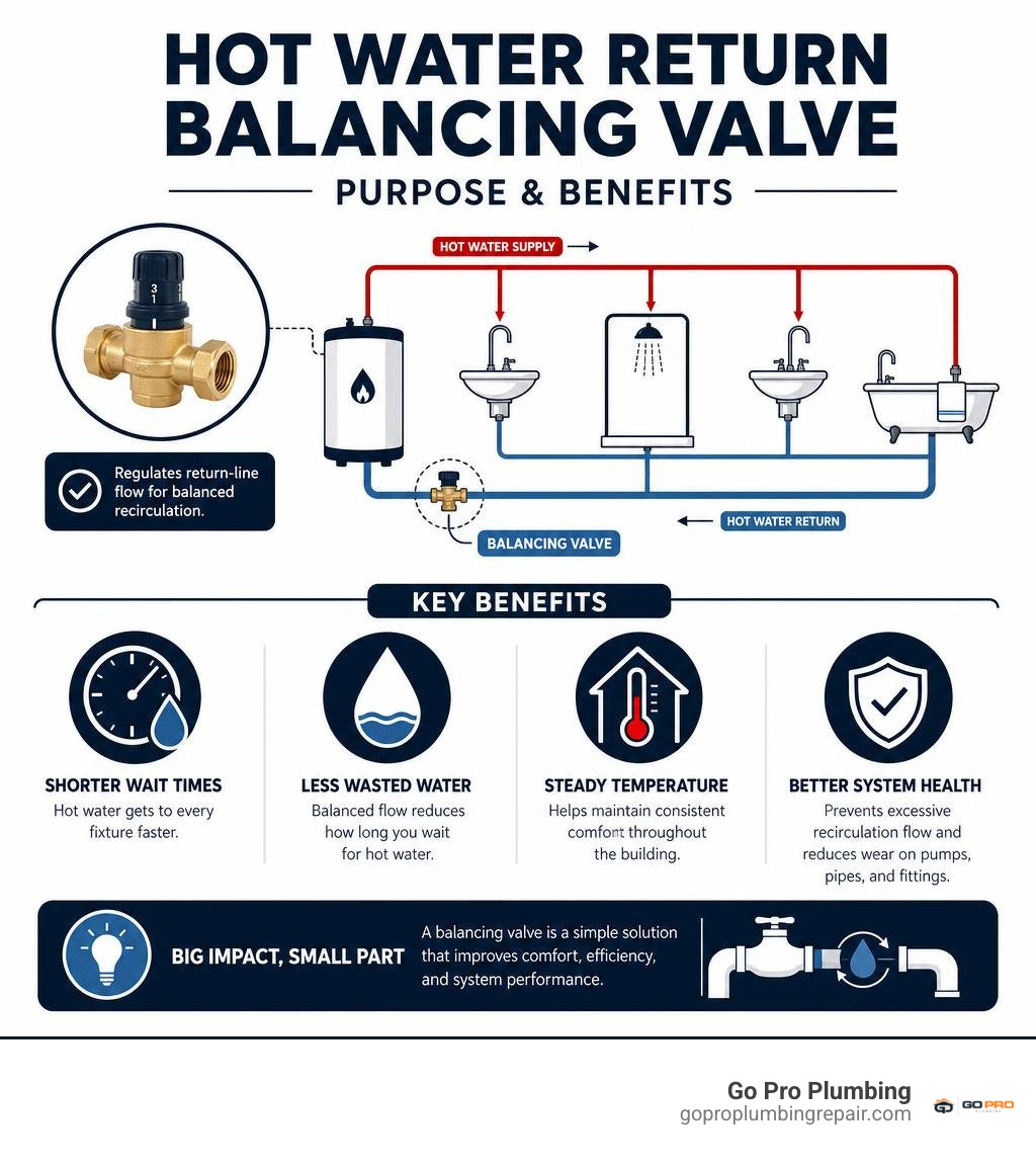 Infographic showing hot water return balancing valve purpose and benefits infographic