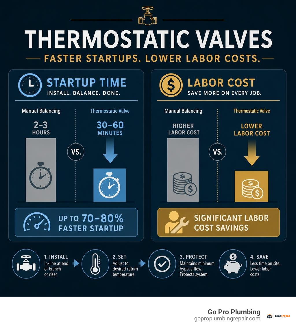 Infographic showing startup time and labor cost savings from thermostatic valves infographic