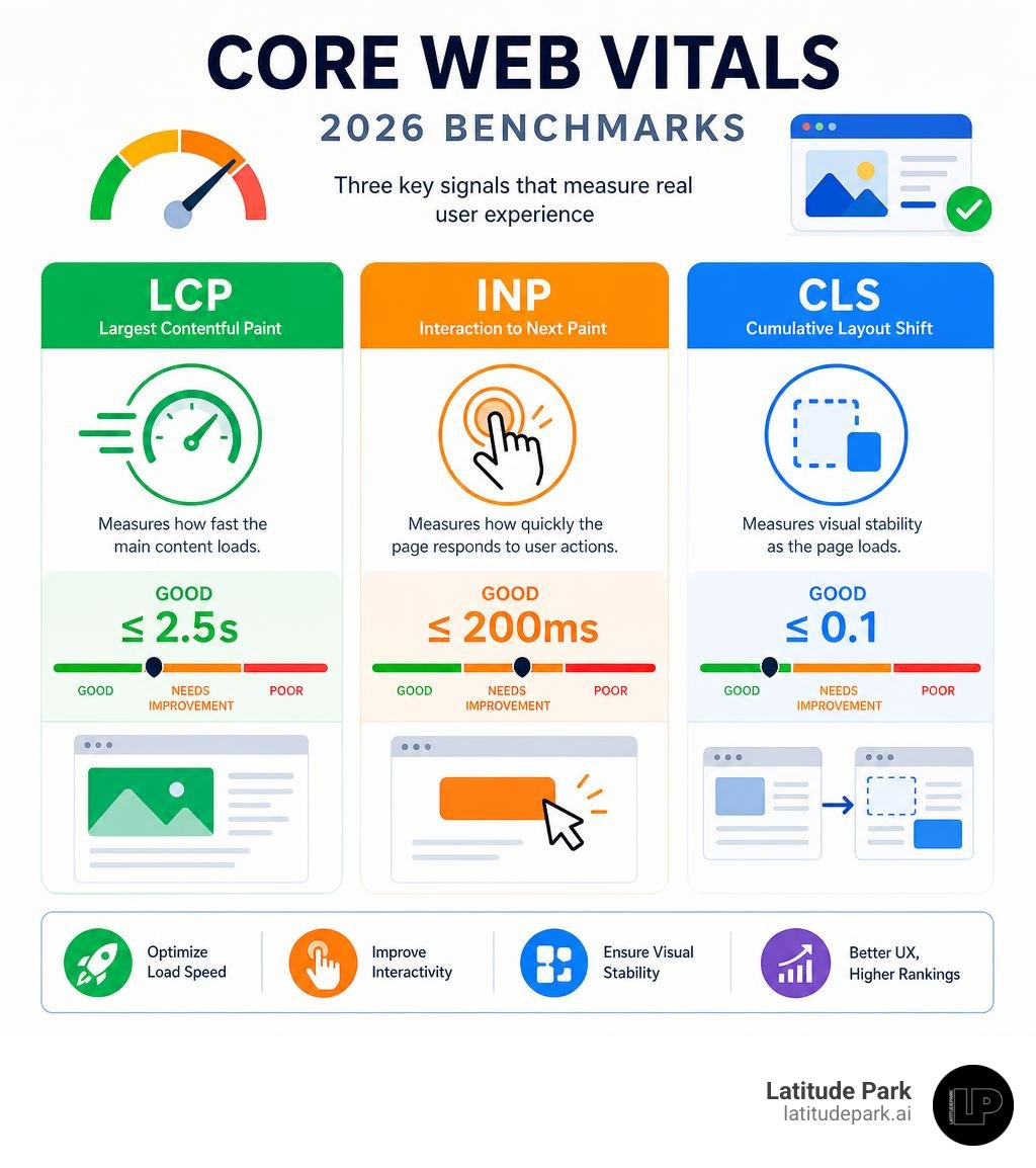 Core Web Vitals benchmarks for LCP, INP, and CLS performance infographic