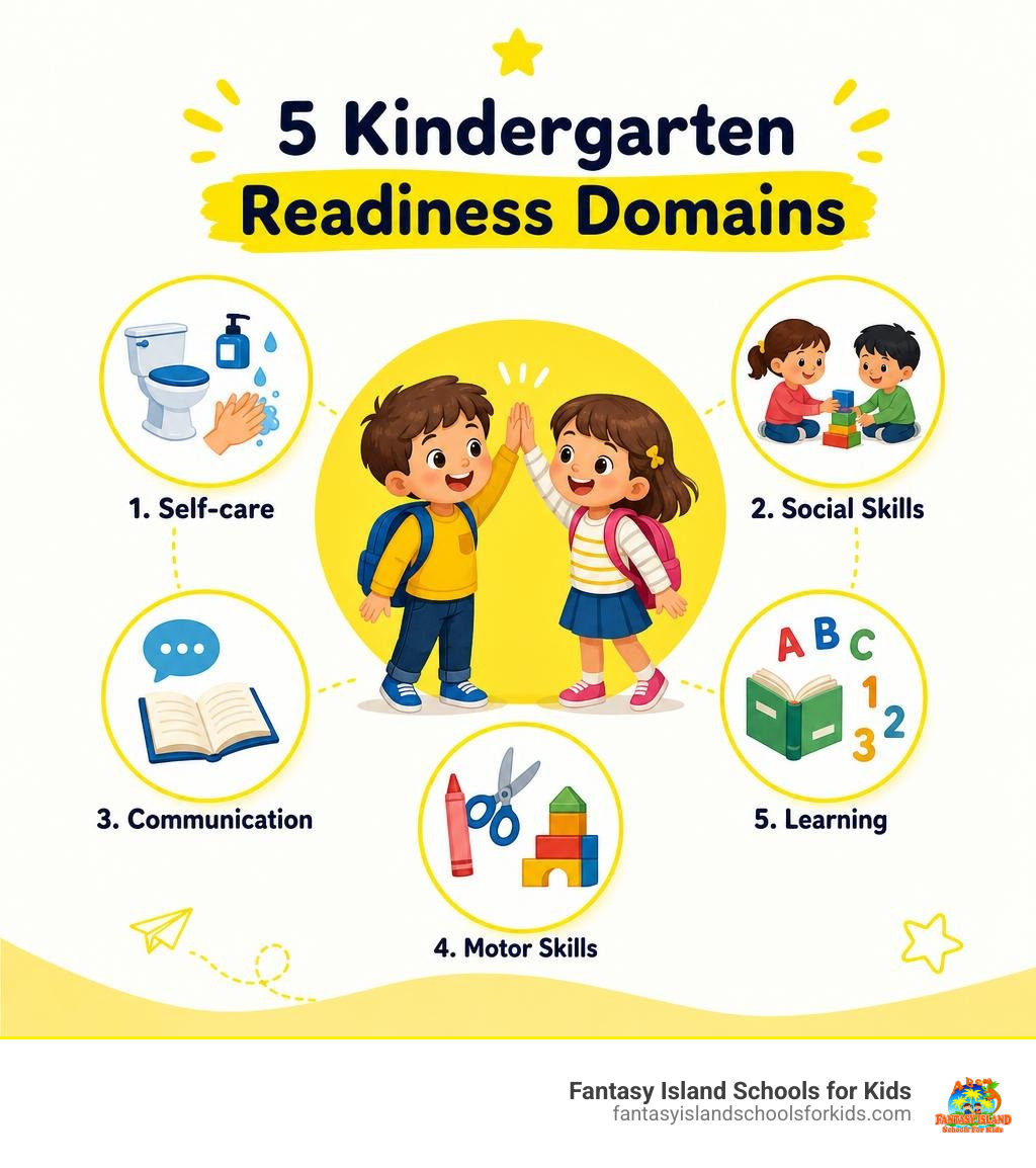 Five kindergarten readiness domains: self-care, social skills, communication, motor skills, learning infographic