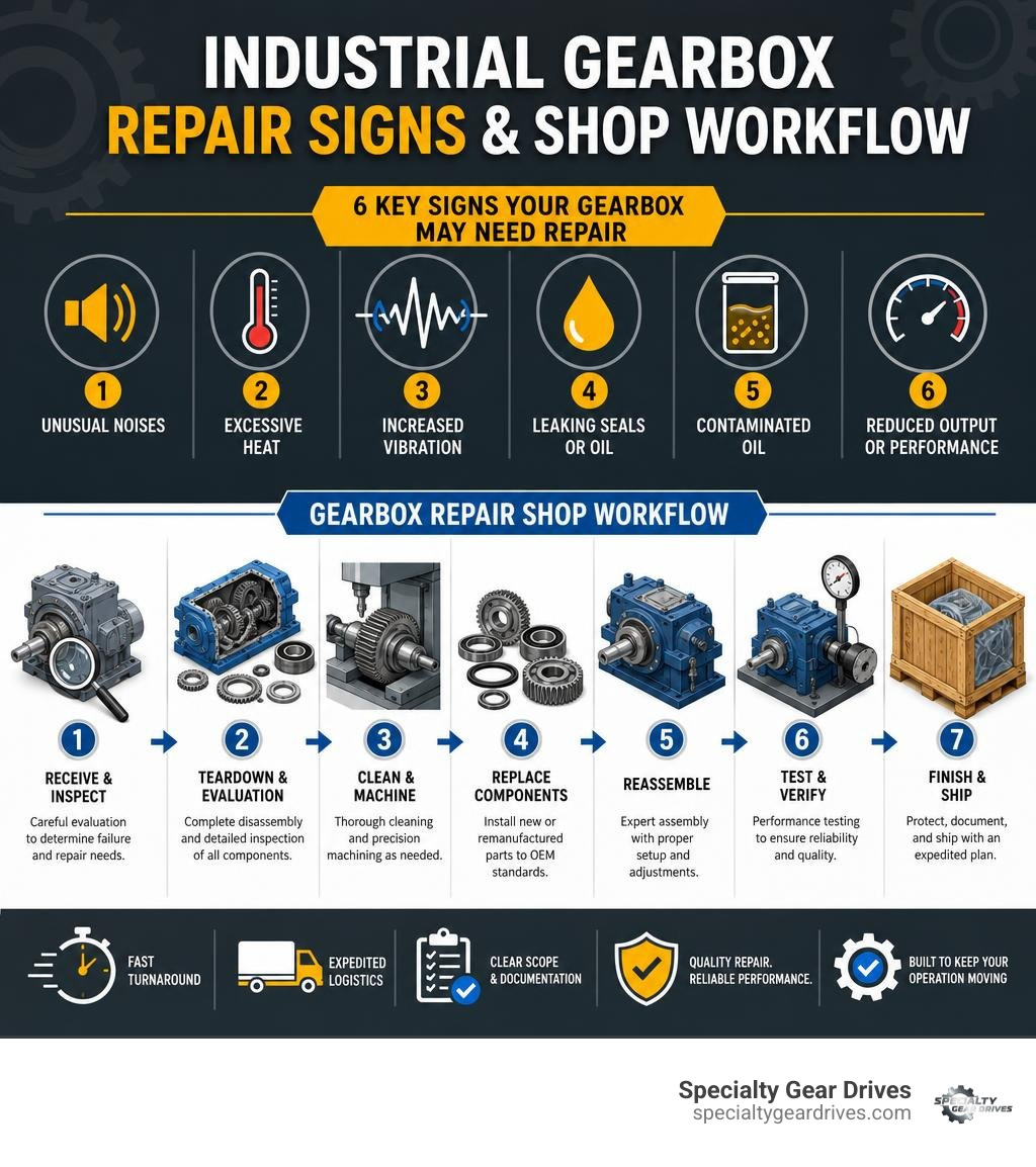 Industrial gearbox repair signs and shop repair workflow infographic Industrial gearbox repair signs and shop repair workflow infographic