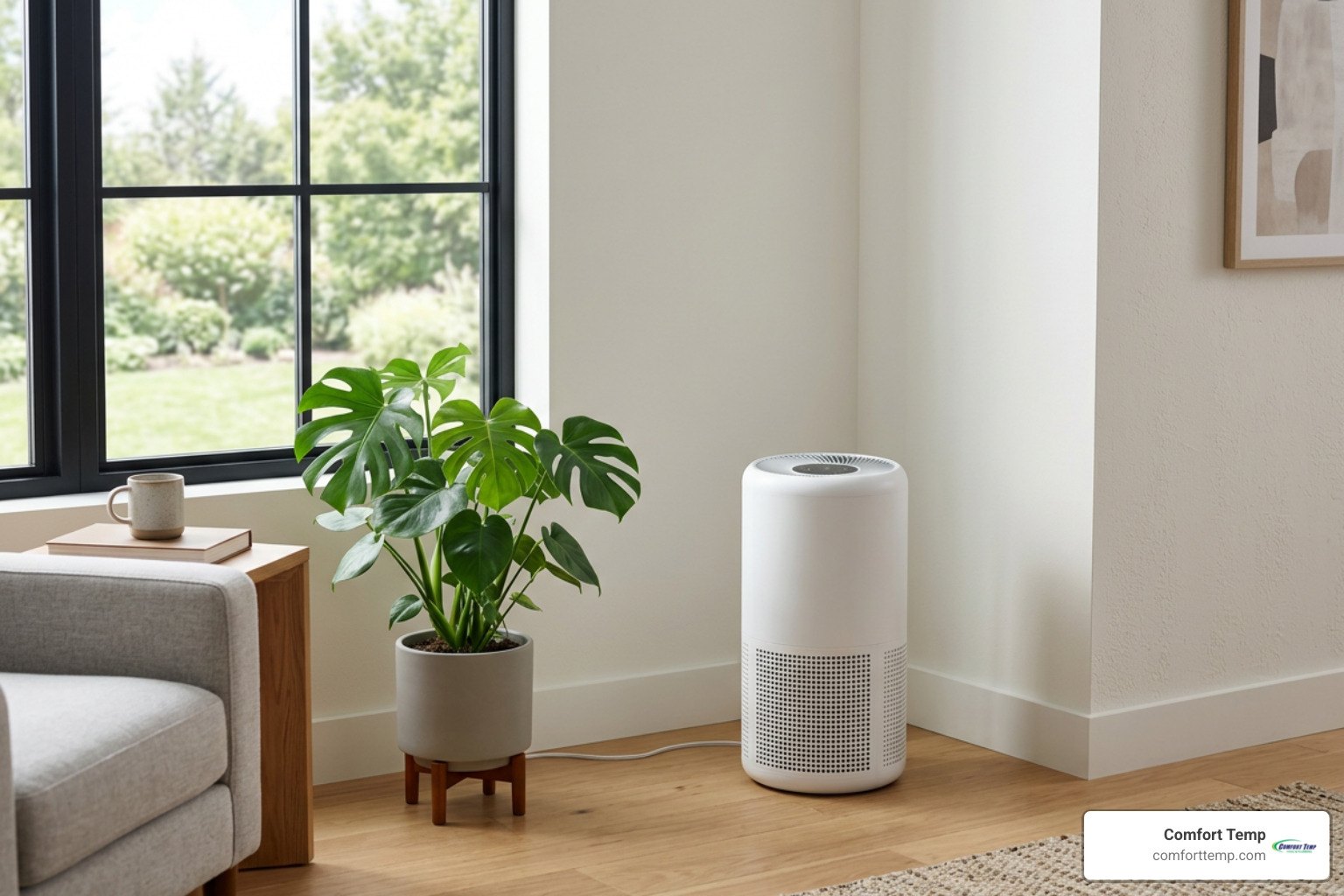 Proper air purifier placement showing clearance from walls and furniture Proper air purifier placement showing clearance from walls and furniture