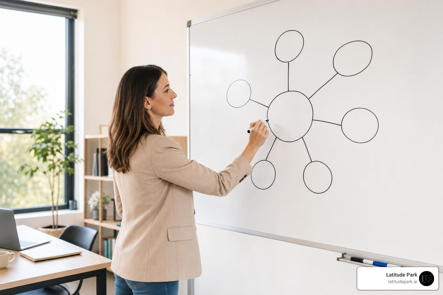 Content strategist planning a topical cluster framework on a whiteboard