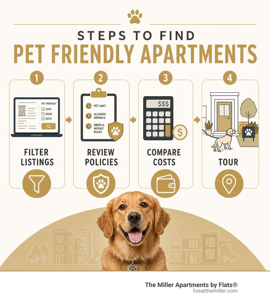 Steps to find pet friendly apartments: filter listings, review policies, compare costs, tour infographic Steps to find pet friendly apartments: filter listings, review policies, compare costs, tour infographic