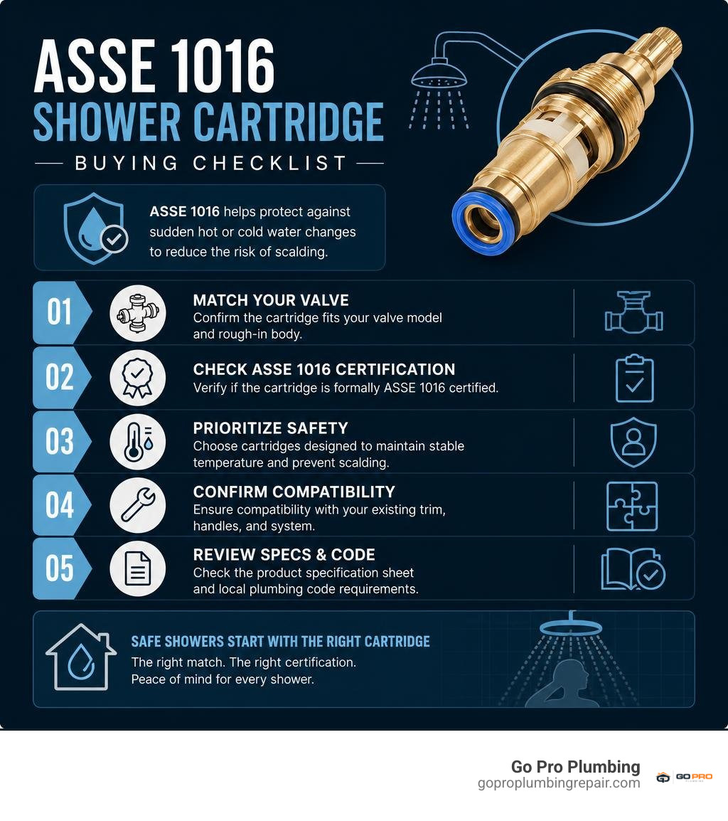 ASSE 1016 shower cartridge buying checklist infographic ASSE 1016 shower cartridge buying checklist infographic