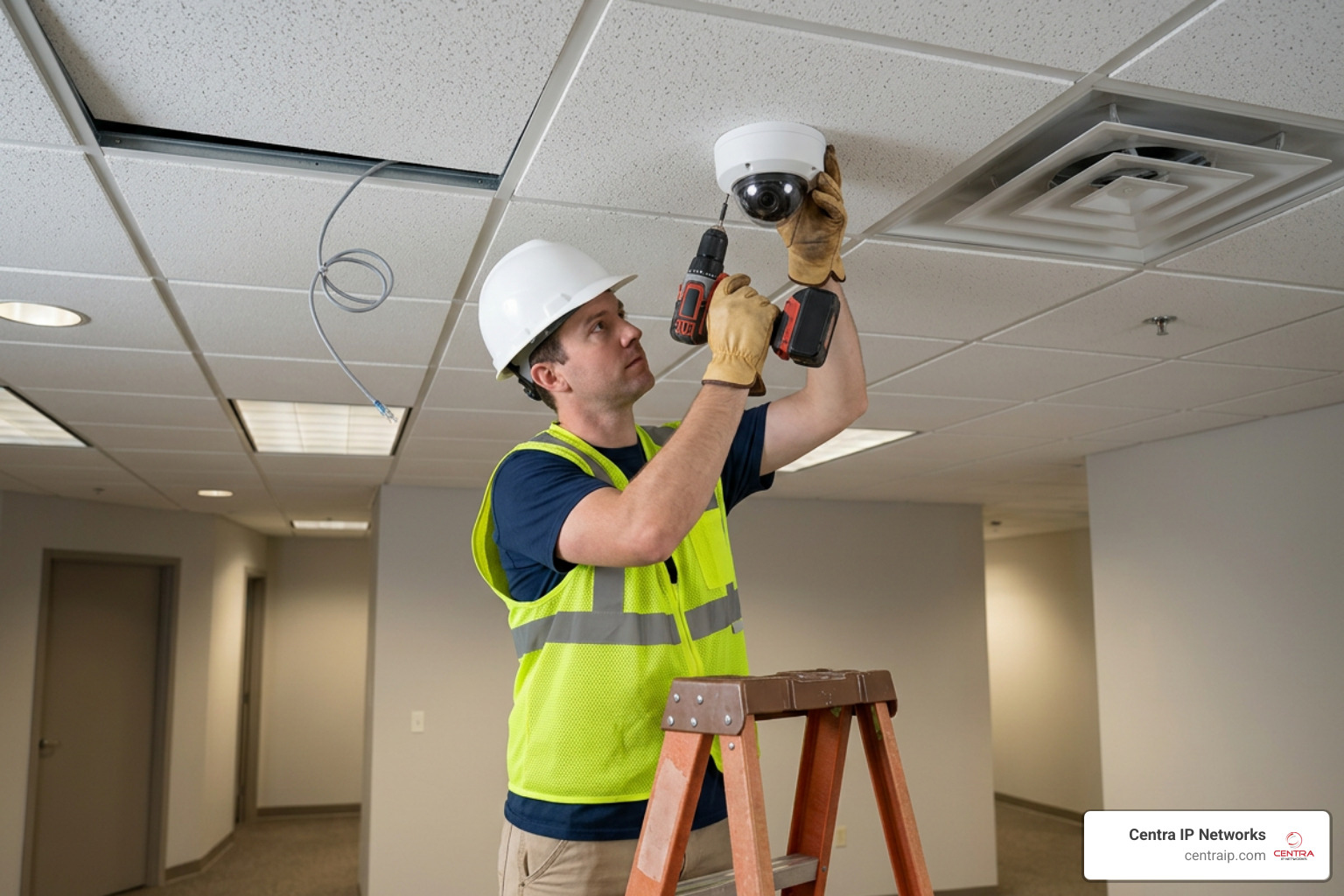 certified low-voltage technician installing a dome camera on a commercial building ceiling certified low-voltage technician installing a dome camera on a commercial building ceiling