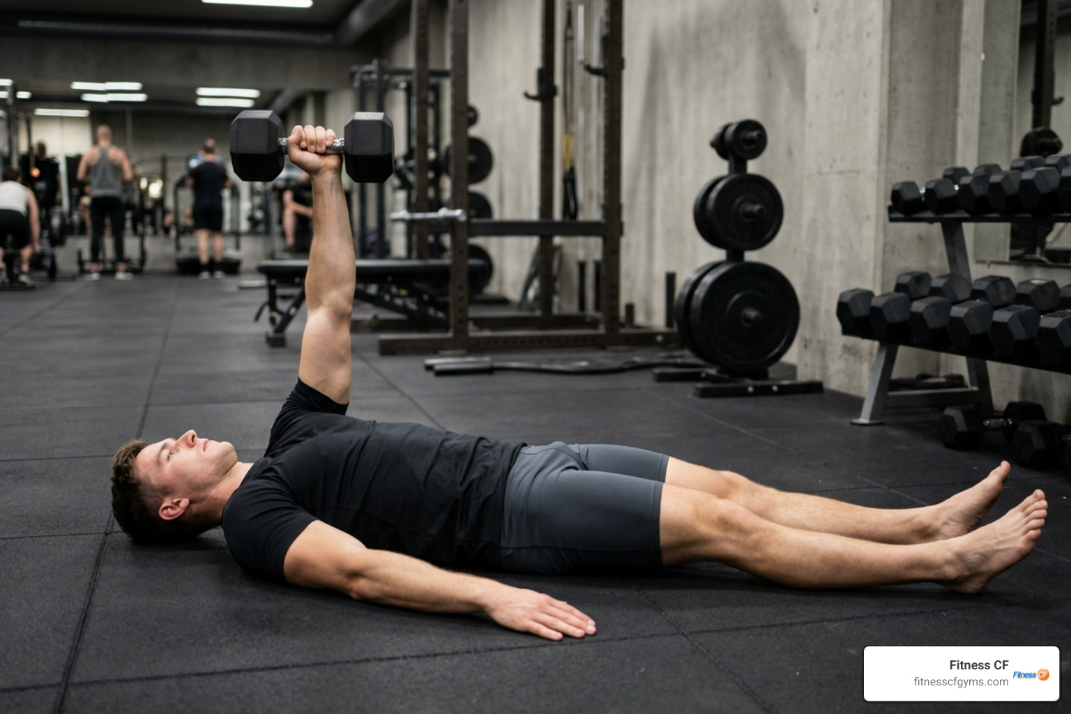 Athlete executing a single arm dumbbell floor press with straight legs Athlete executing a single arm dumbbell floor press with straight legs