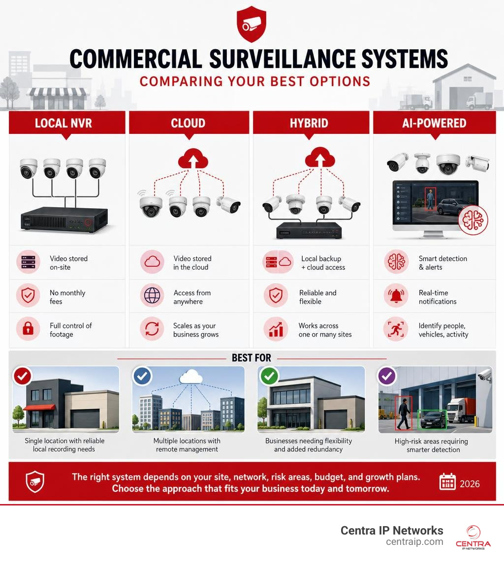 Commercial surveillance system comparison: local NVR, cloud, hybrid, and AI options infographic Commercial surveillance system comparison: local NVR, cloud, hybrid, and AI options infographic