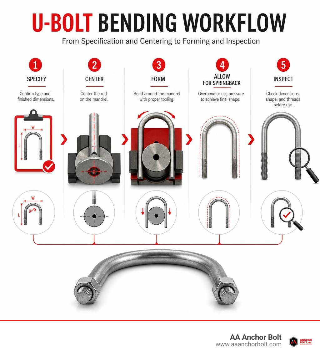 U-bolt bending workflow from specification and centering to forming and inspection infographic U-bolt bending workflow from specification and centering to forming and inspection infographic