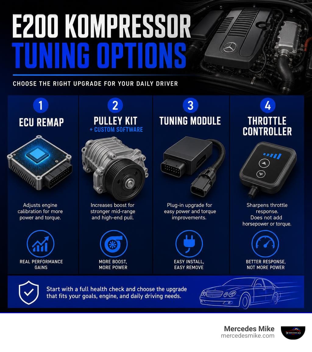 E200 Kompressor tuning options: ECU remap, pulley kit, tuning module, throttle controller infographic E200 Kompressor tuning options: ECU remap, pulley kit, tuning module, throttle controller infographic