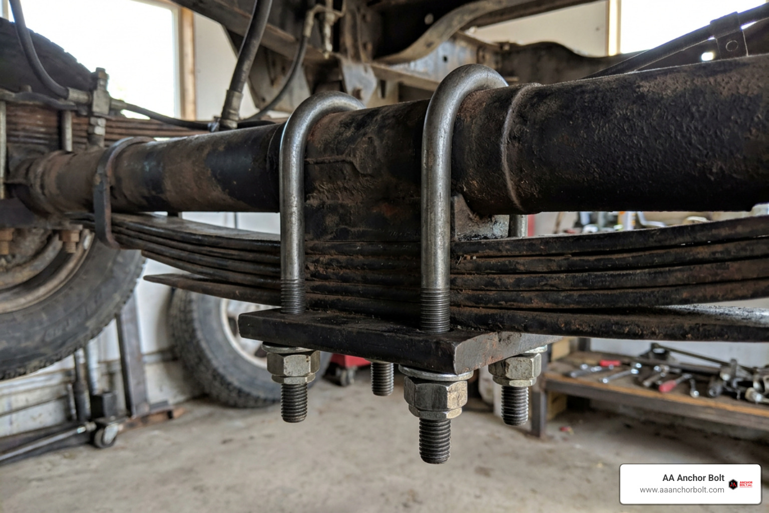 Automotive axle leaf spring pack secured by heavy-duty grade 8.8 U-bolts and double backing nuts Automotive axle leaf spring pack secured by heavy-duty grade 8.8 U-bolts and double backing nuts