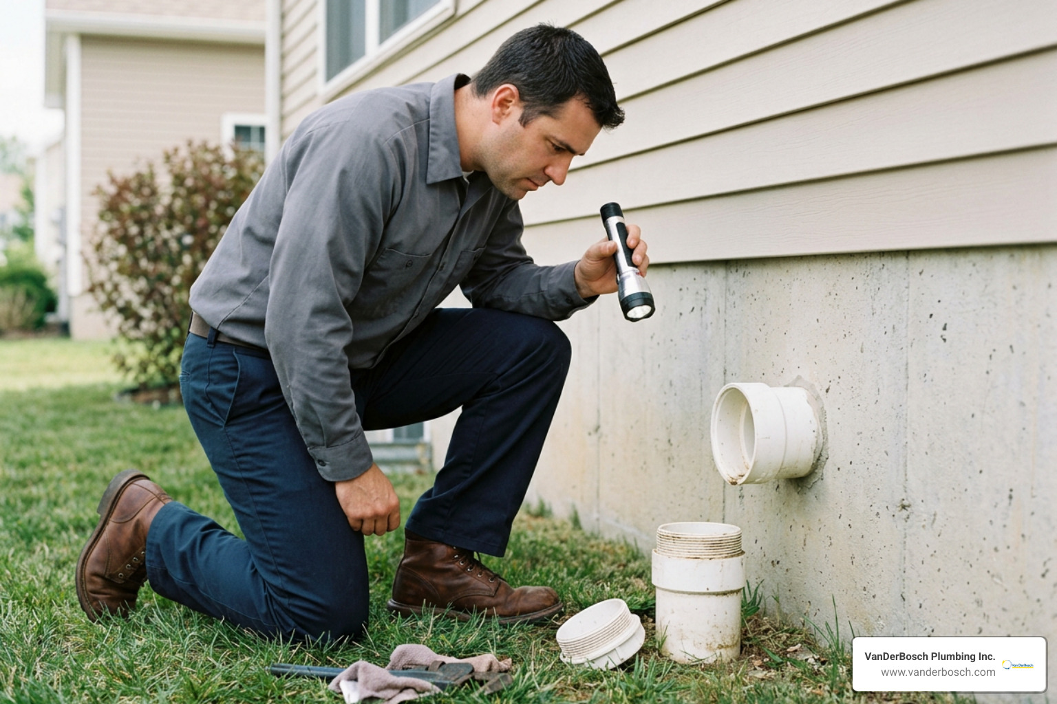 plumber inspecting a main sewer line cleanout point plumber inspecting a main sewer line cleanout point