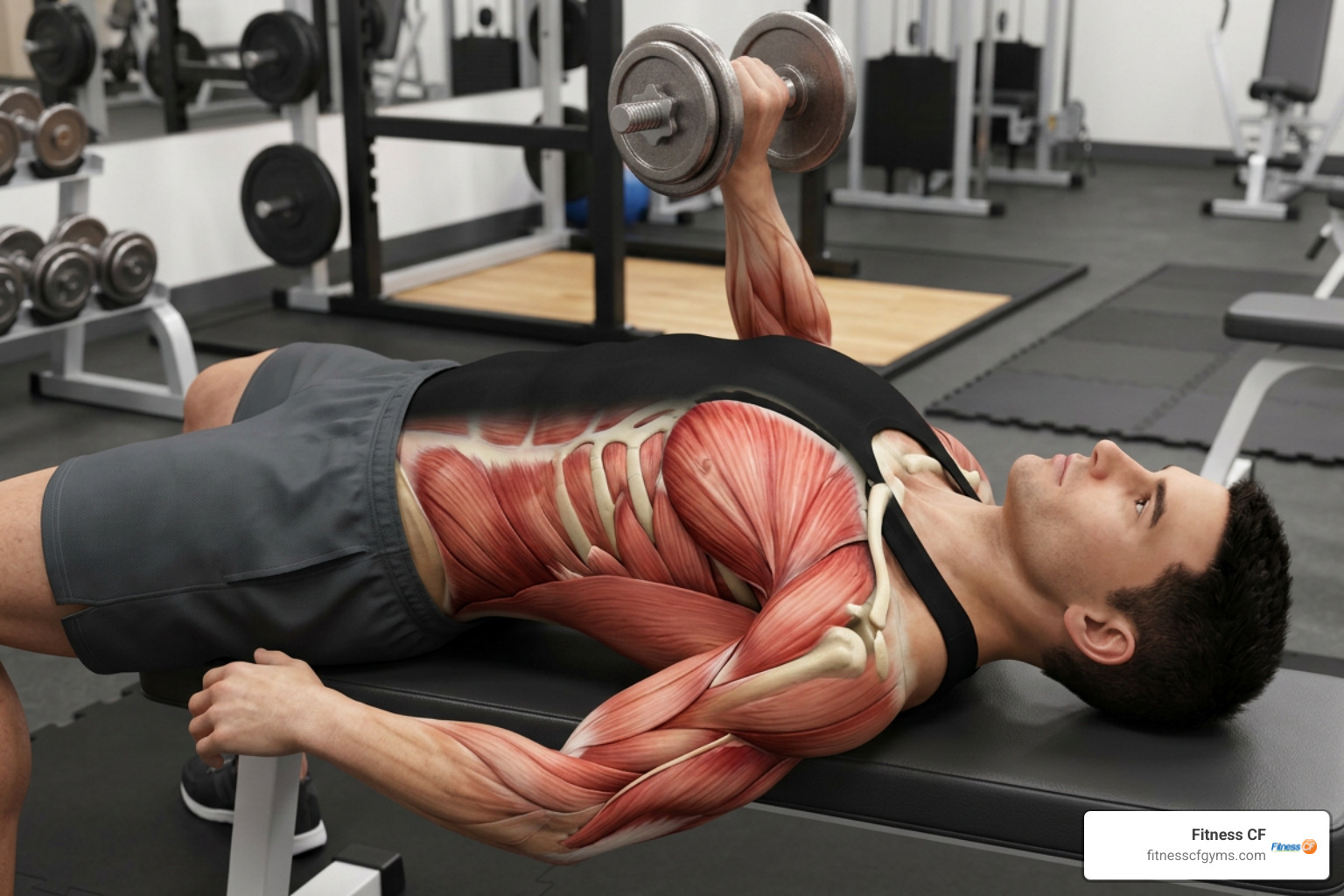 Anatomical overview highlighting chest, deltoids, triceps, and cross-body oblique engagement Anatomical overview highlighting chest, deltoids, triceps, and cross-body oblique engagement