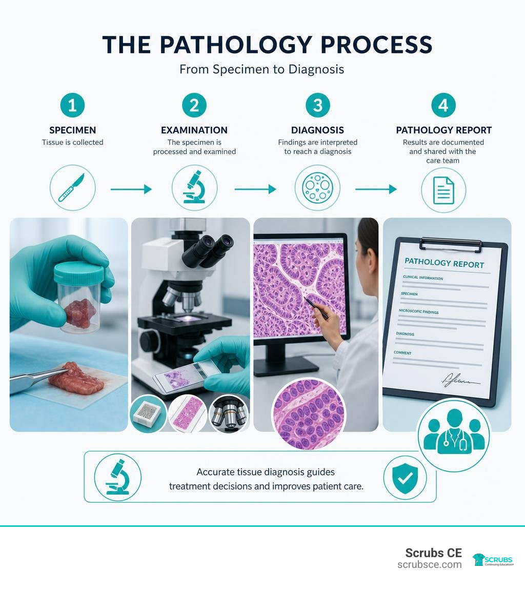 Pathological anatomy infographic showing specimen, examination, diagnosis, and pathology report infographic Pathological anatomy infographic showing specimen, examination, diagnosis, and pathology report infographic