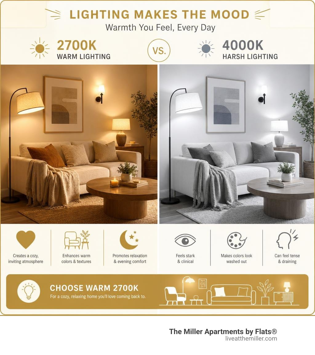 Infographic comparing 2700K warm lighting versus 4000K harsh lighting in home environments infographic Infographic comparing 2700K warm lighting versus 4000K harsh lighting in home environments infographic
