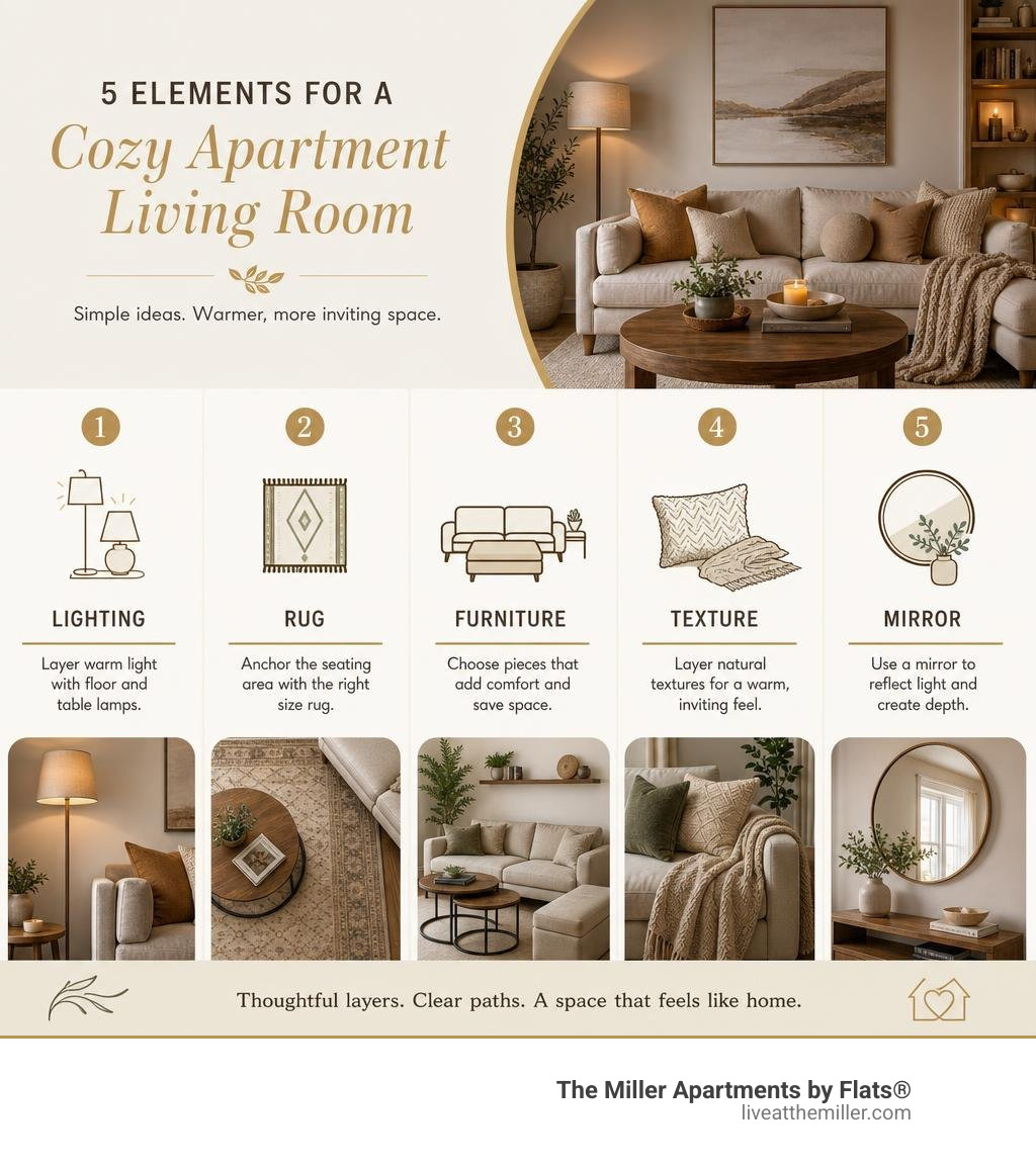 Infographic showing lighting, rug, furniture, texture, and mirror ideas for cozy apartment living rooms infographic Infographic showing lighting, rug, furniture, texture, and mirror ideas for cozy apartment living rooms infographic