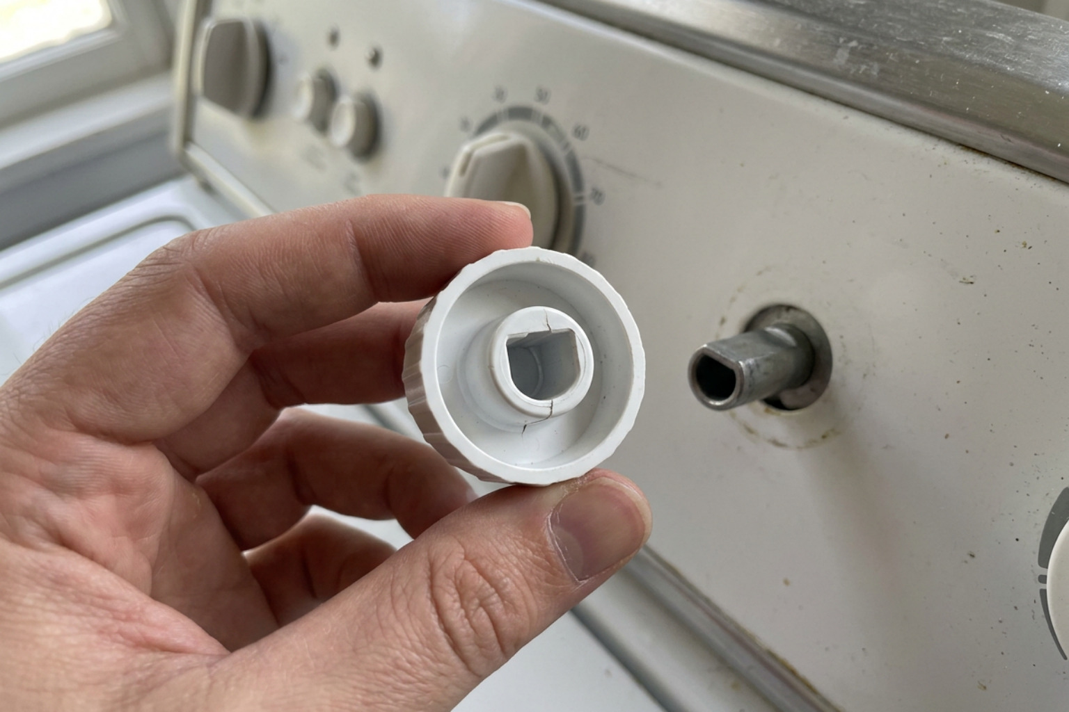 Inspecting dryer control panel timer shaft after knob removal Inspecting dryer control panel timer shaft after knob removal