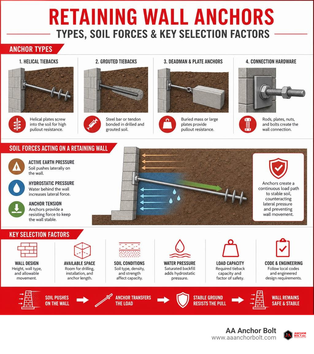 Retaining wall anchor types, soil forces, and key selection factors infographic Retaining wall anchor types, soil forces, and key selection factors infographic