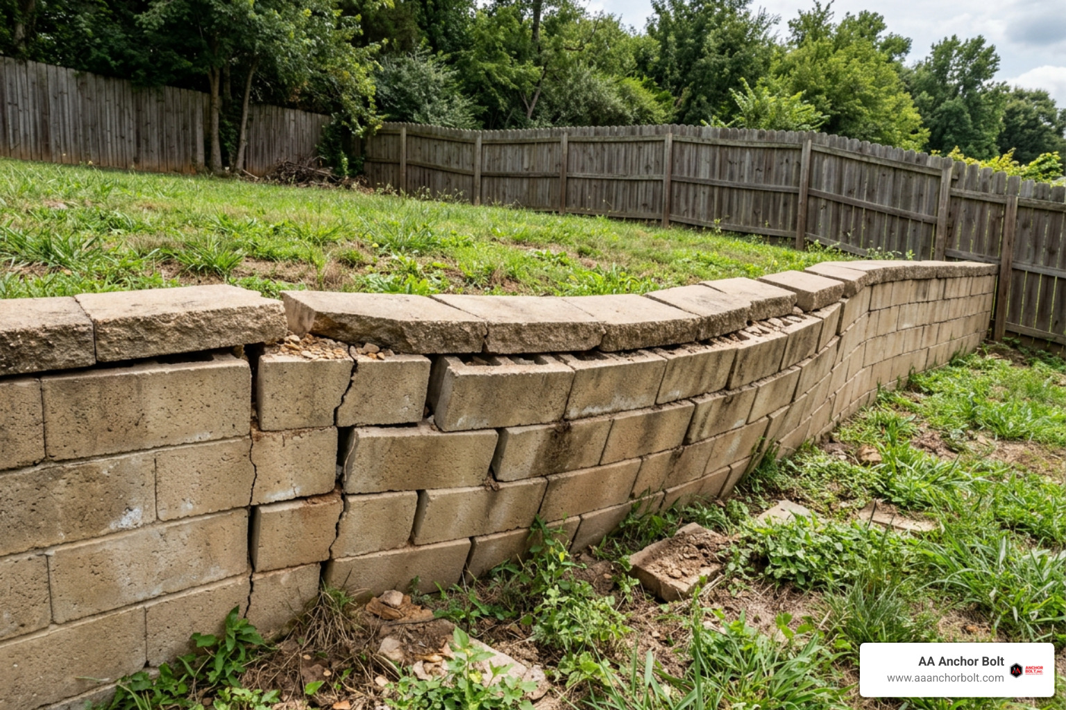 Bowing concrete segmental retaining wall showing signs of hydrostatic soil pressure failure Bowing concrete segmental retaining wall showing signs of hydrostatic soil pressure failure
