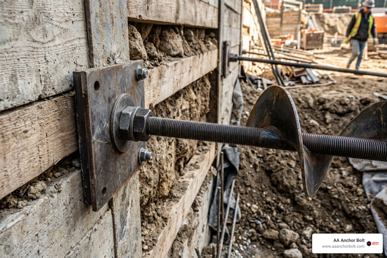 Helical tieback anchor components and wall attachment hardware details Helical tieback anchor components and wall attachment hardware details