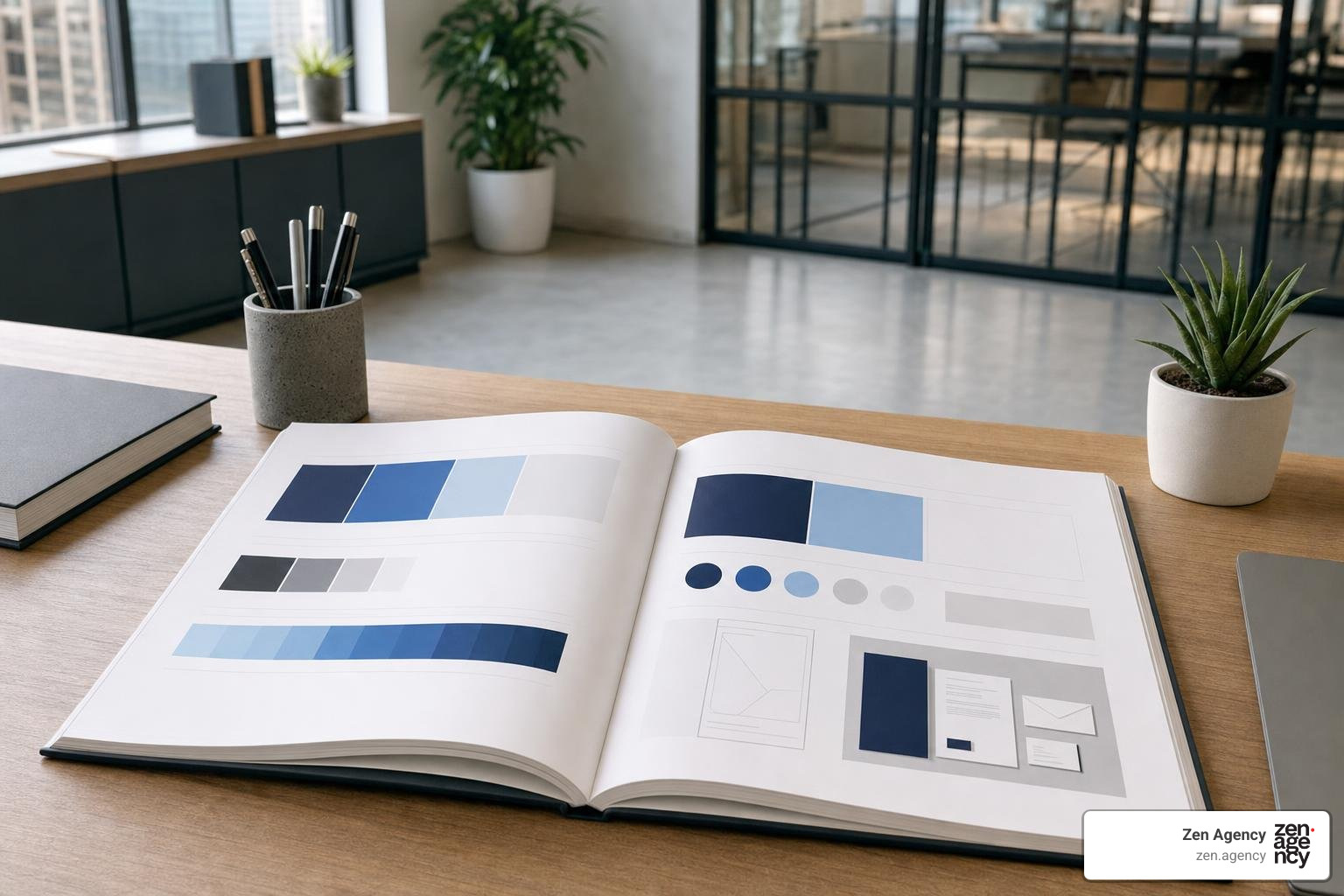 Brand style guide book showing corporate visual standards and application guidelines Brand style guide book showing corporate visual standards and application guidelines