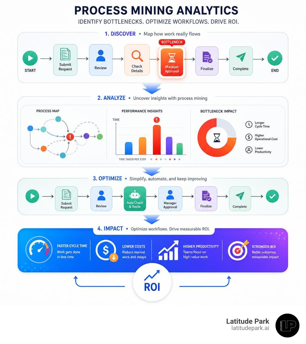 Infographic displaying process mining analytics identifying bottlenecks and workflow ROI infographic Infographic displaying process mining analytics identifying bottlenecks and workflow ROI infographic