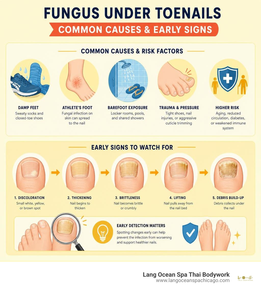 Infographic showing common causes and early signs of fungus under toenails infographic Infographic showing common causes and early signs of fungus under toenails infographic