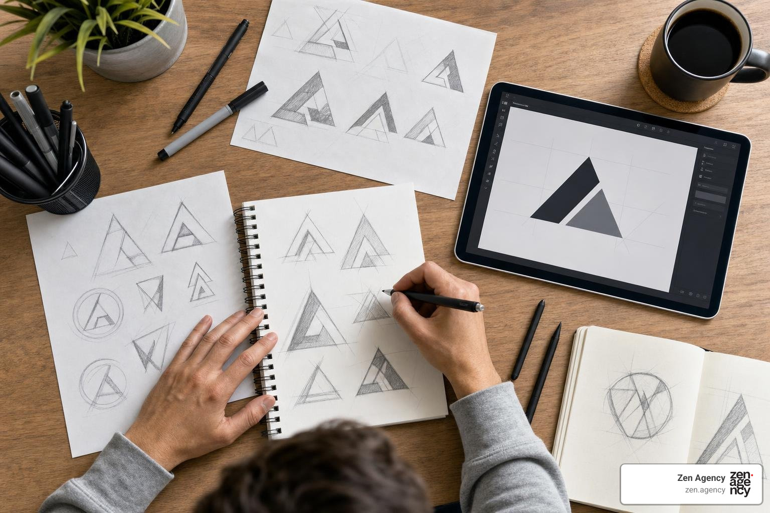 Graphic design workflow from rough concept sketches to digital vector rendering Graphic design workflow from rough concept sketches to digital vector rendering