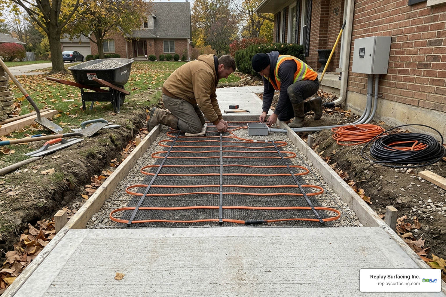 electric snow melt system installed on outdoor concrete walkway