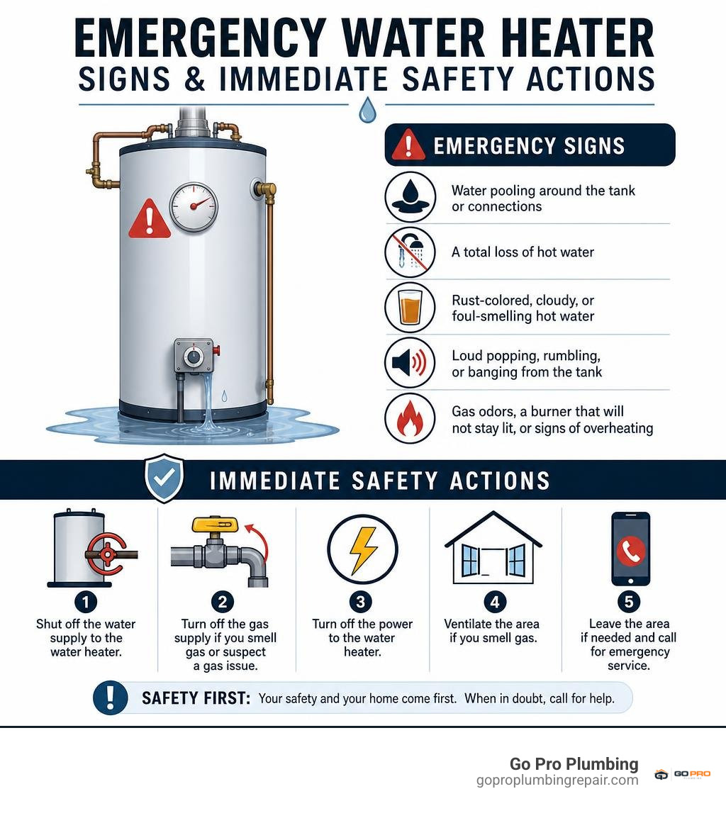 Emergency water heater signs and immediate safety actions infographic
