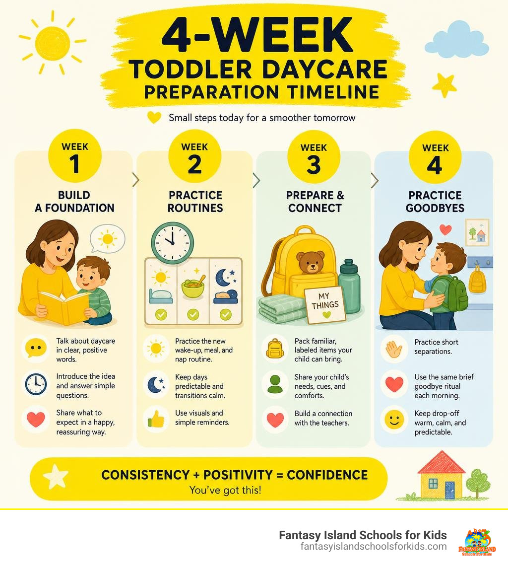 4-week toddler daycare preparation timeline infographic