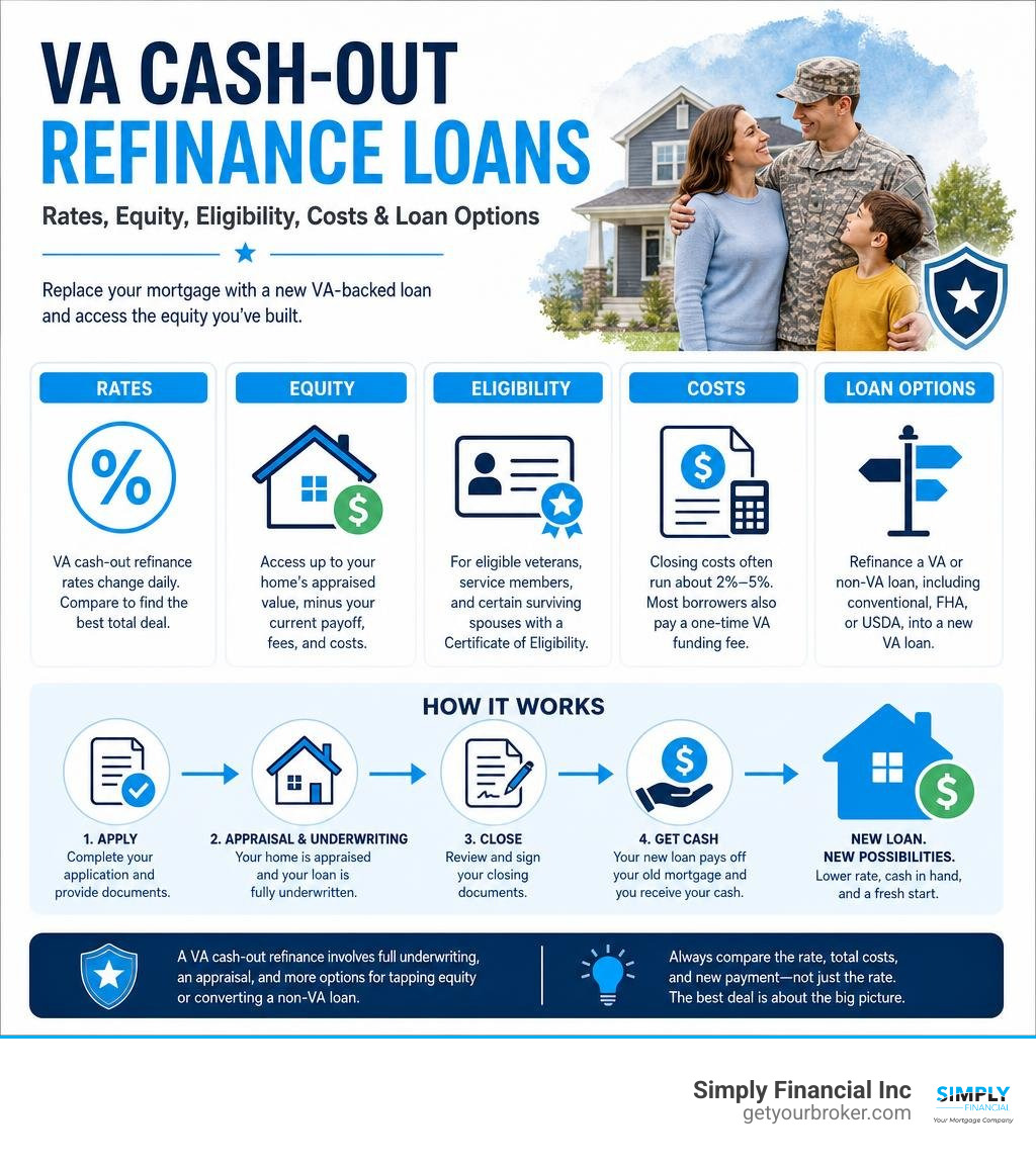 VA cash-out refinance rates, equity, eligibility, costs, and loan options infographic