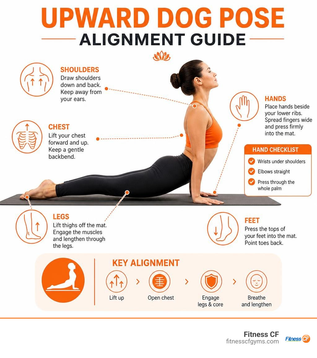 Upward dog yoga pose alignment: hands, shoulders, chest, legs, and feet infographic Upward dog yoga pose alignment: hands, shoulders, chest, legs, and feet infographic