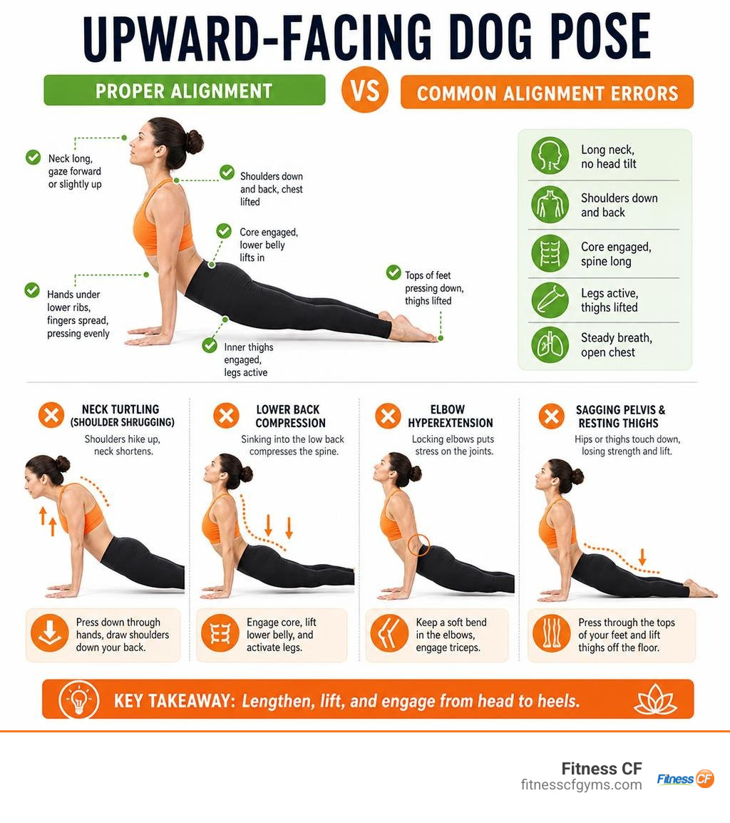 Proper alignment vs common errors in Upward-Facing Dog Pose infographic Proper alignment vs common errors in Upward-Facing Dog Pose infographic