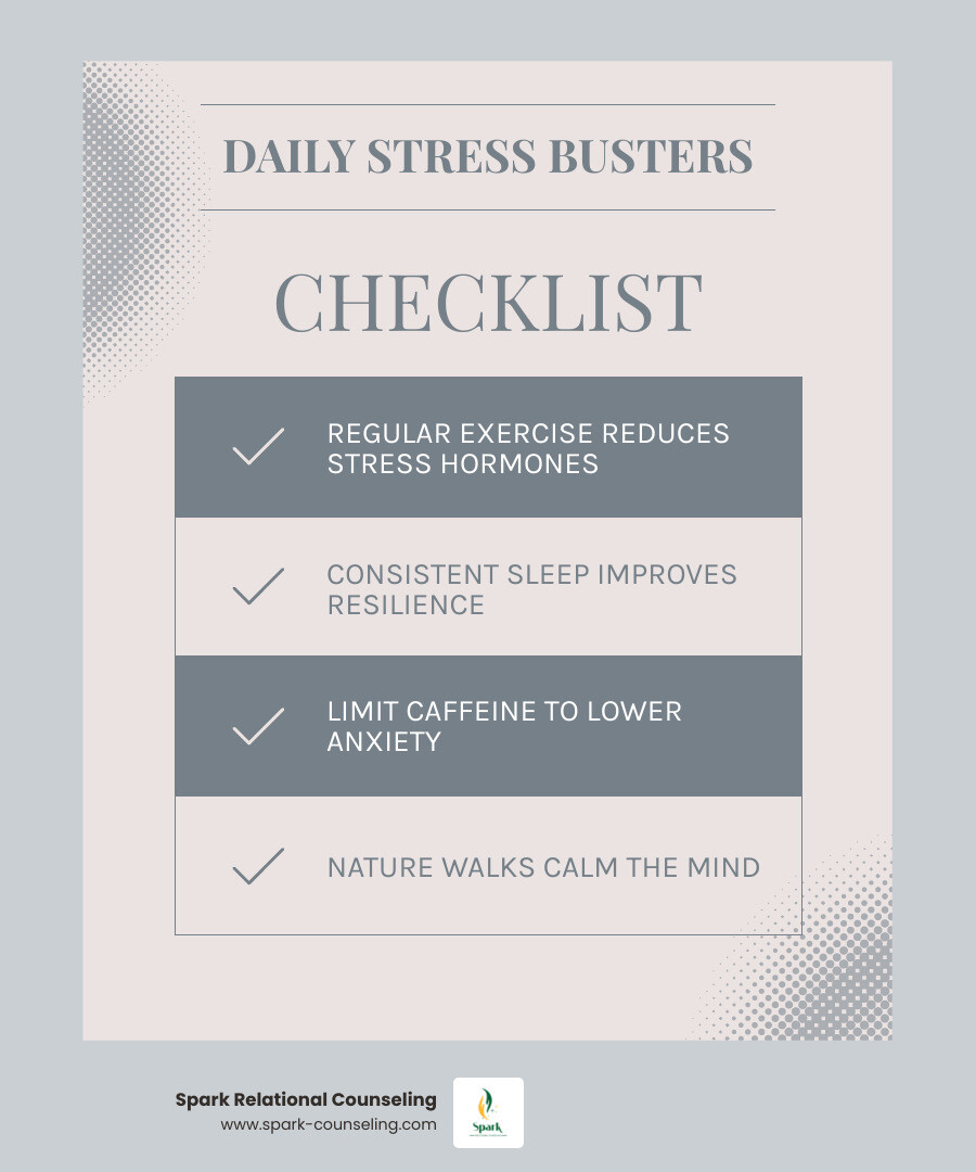 Infographic outlining 10 practical daily stress busters and habits infographic Infographic outlining 10 practical daily stress busters and habits infographic