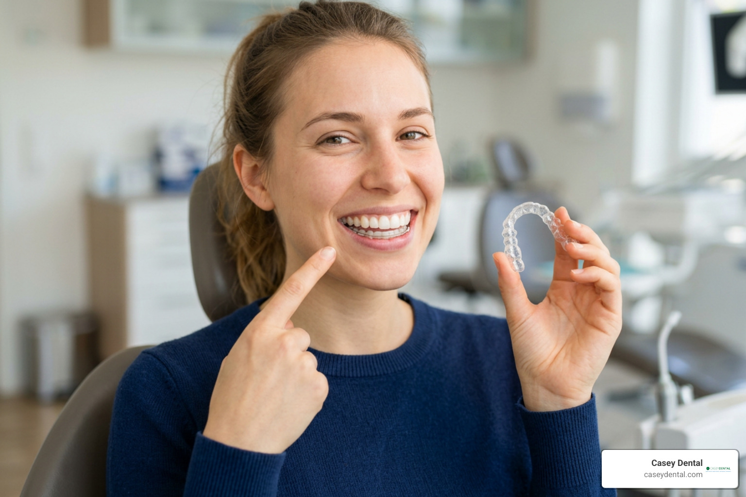 A patient showing off clean, straight teeth and a removable retainer appliance