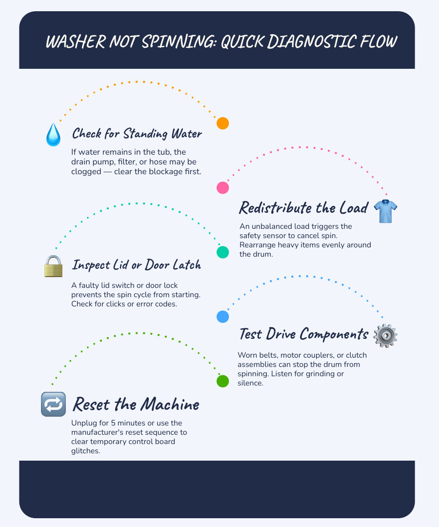 Washer not spinning quick diagnostic guide infographic Washer not spinning quick diagnostic guide infographic