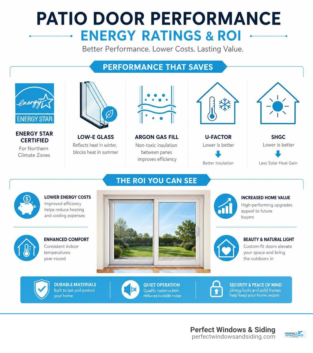 Infographic showcasing patio door performance metrics energy ratings and ROI infographic Infographic showcasing patio door performance metrics energy ratings and ROI infographic