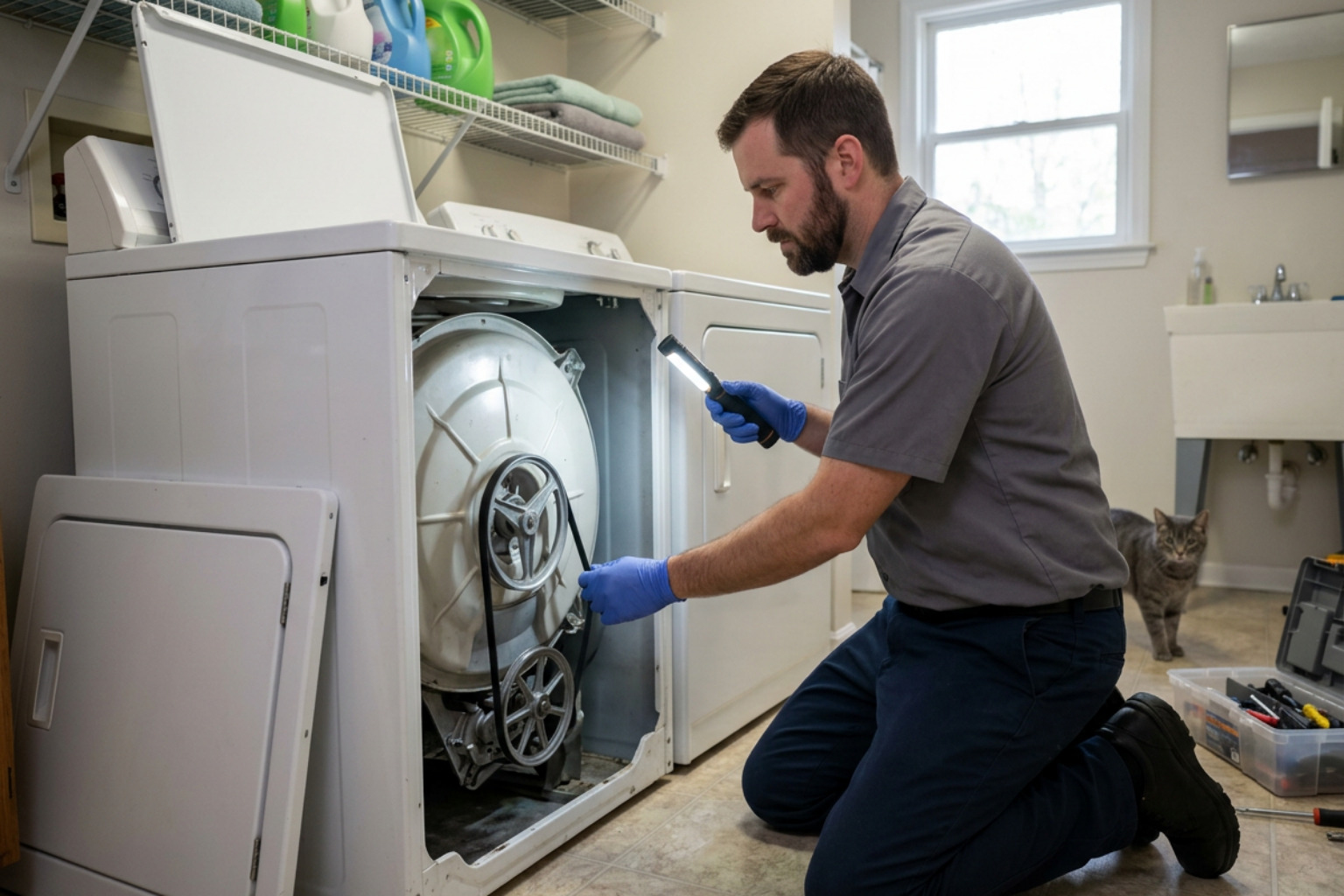 Technician inspecting washing machine drive belt Technician inspecting washing machine drive belt