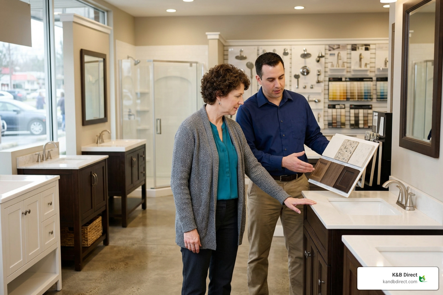 homeowner reviewing vanity options and finishes in a local showroom