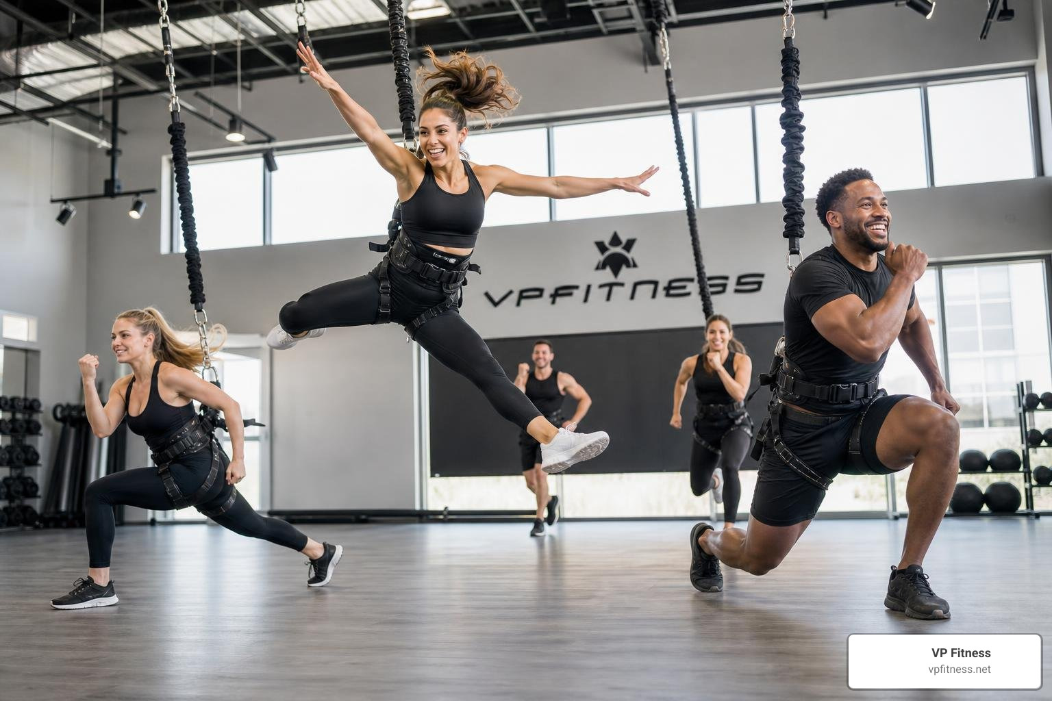 Group of participants executing dynamic bungee fitness maneuvers