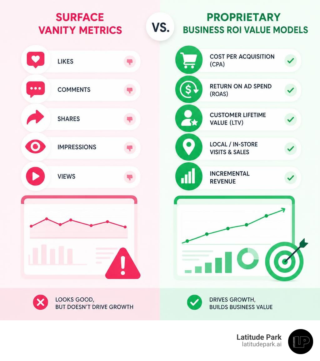 comparison of surface vanity metrics vs proprietary business ROI value models infographic
