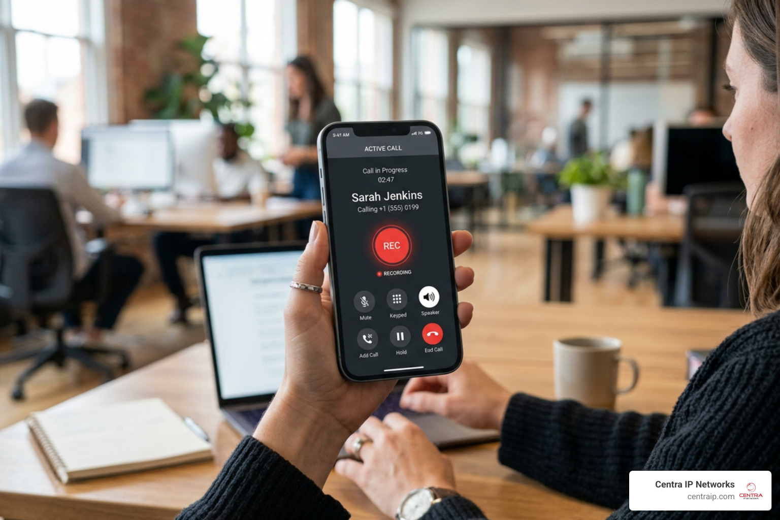Business VoIP softphone app interface on iPhone with call recording controls Business VoIP softphone app interface on iPhone with call recording controls